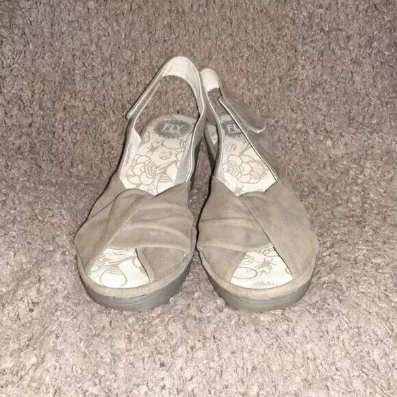 FLY LONDON-Yakin-Taupe Nubuck Leather Slingback Wedges-SZ 41-9.5-Near Mint - Picture 3 of 7